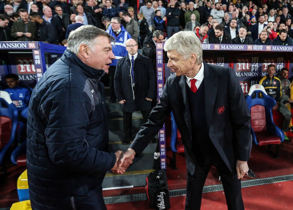 Sam Allardyce shakes hands with Arsene Wenger during the Premier League match at Selhurst Park Stadium, London.